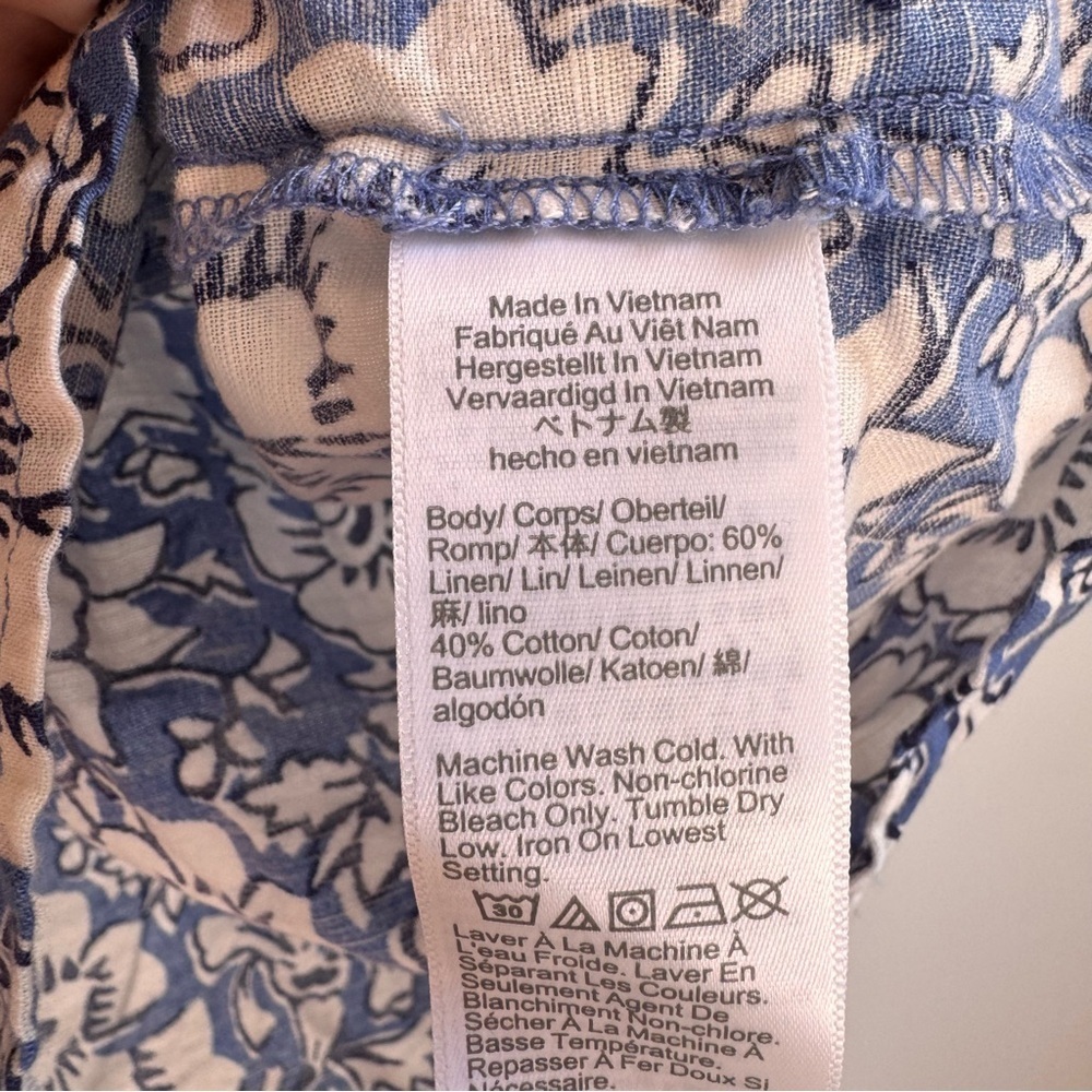 J Crew Cotton Linen Blue White Floral Cropped Sleeve Button up Blouse Large - Picture 6 of 6